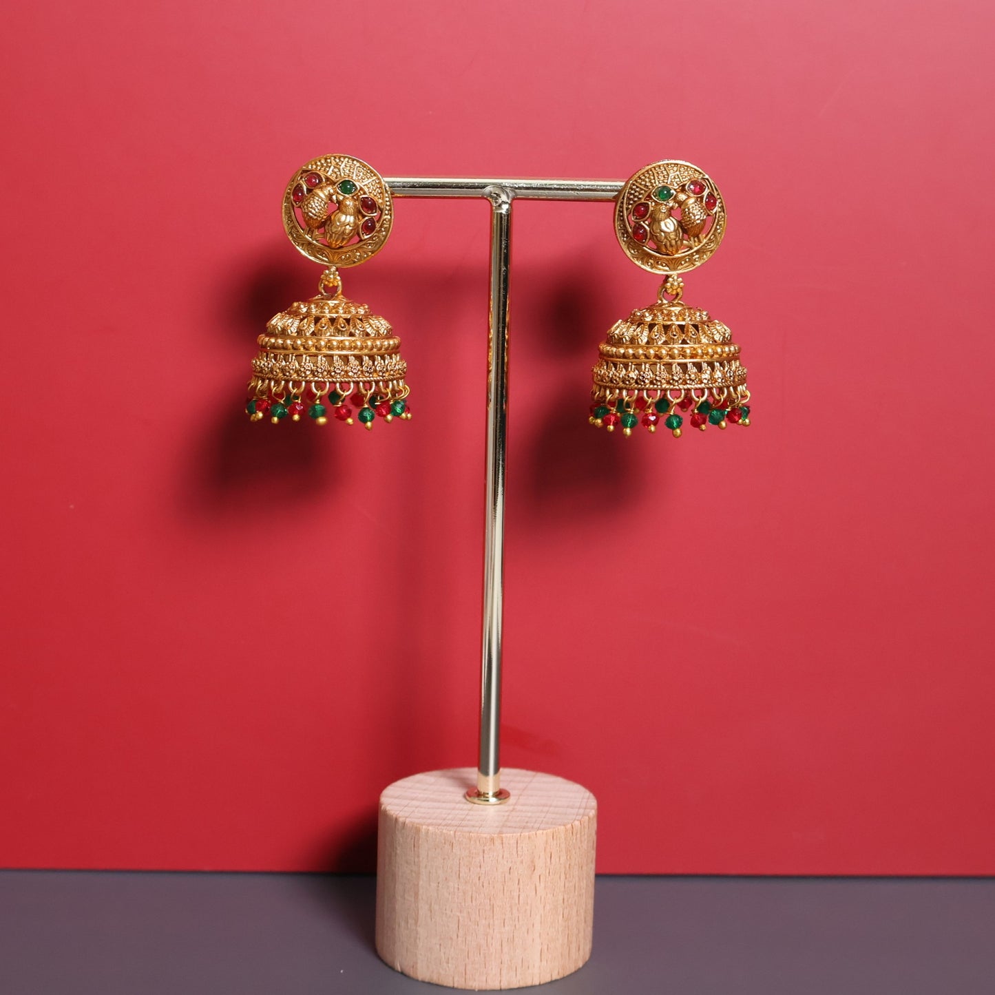 Antique Gold Jhumka Earrings with Ruby & Emerald Bead Drops