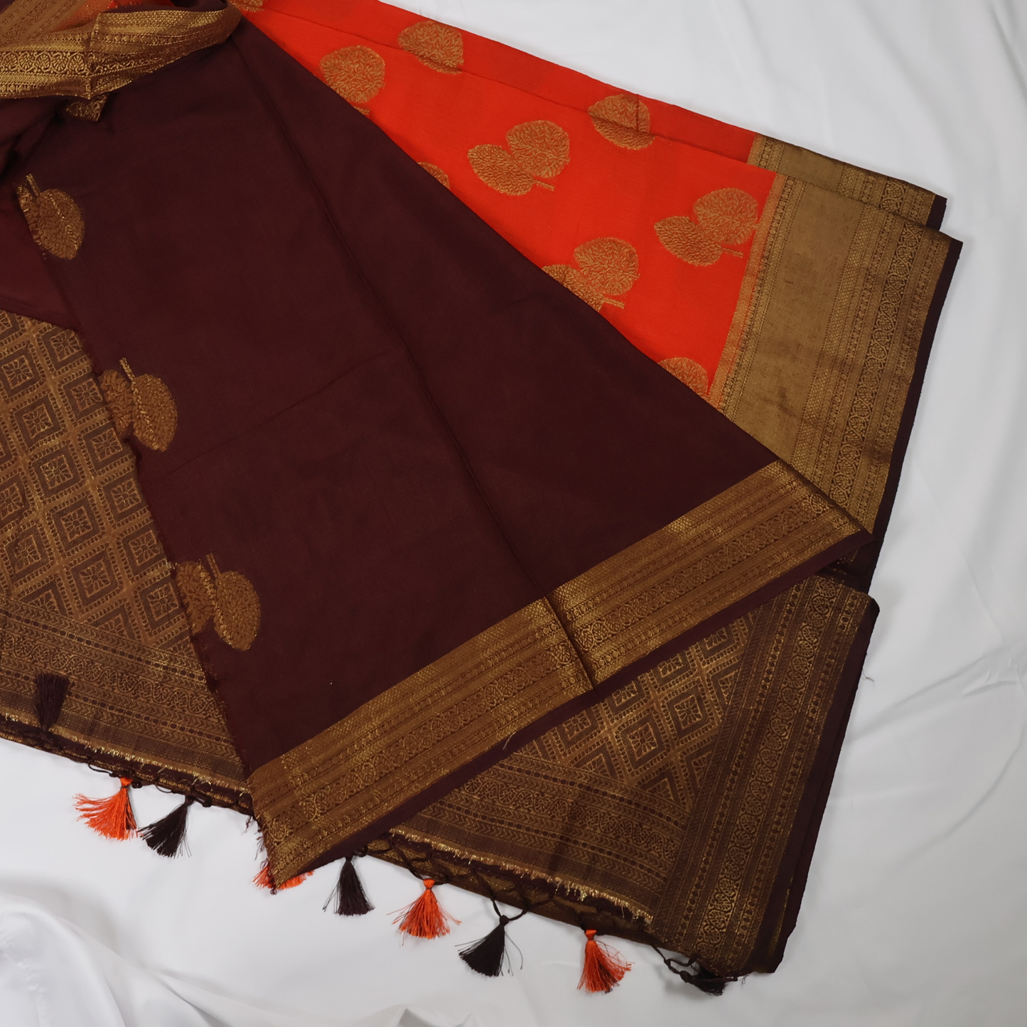 Orange & Coffee Brown Linen Cotton Saree