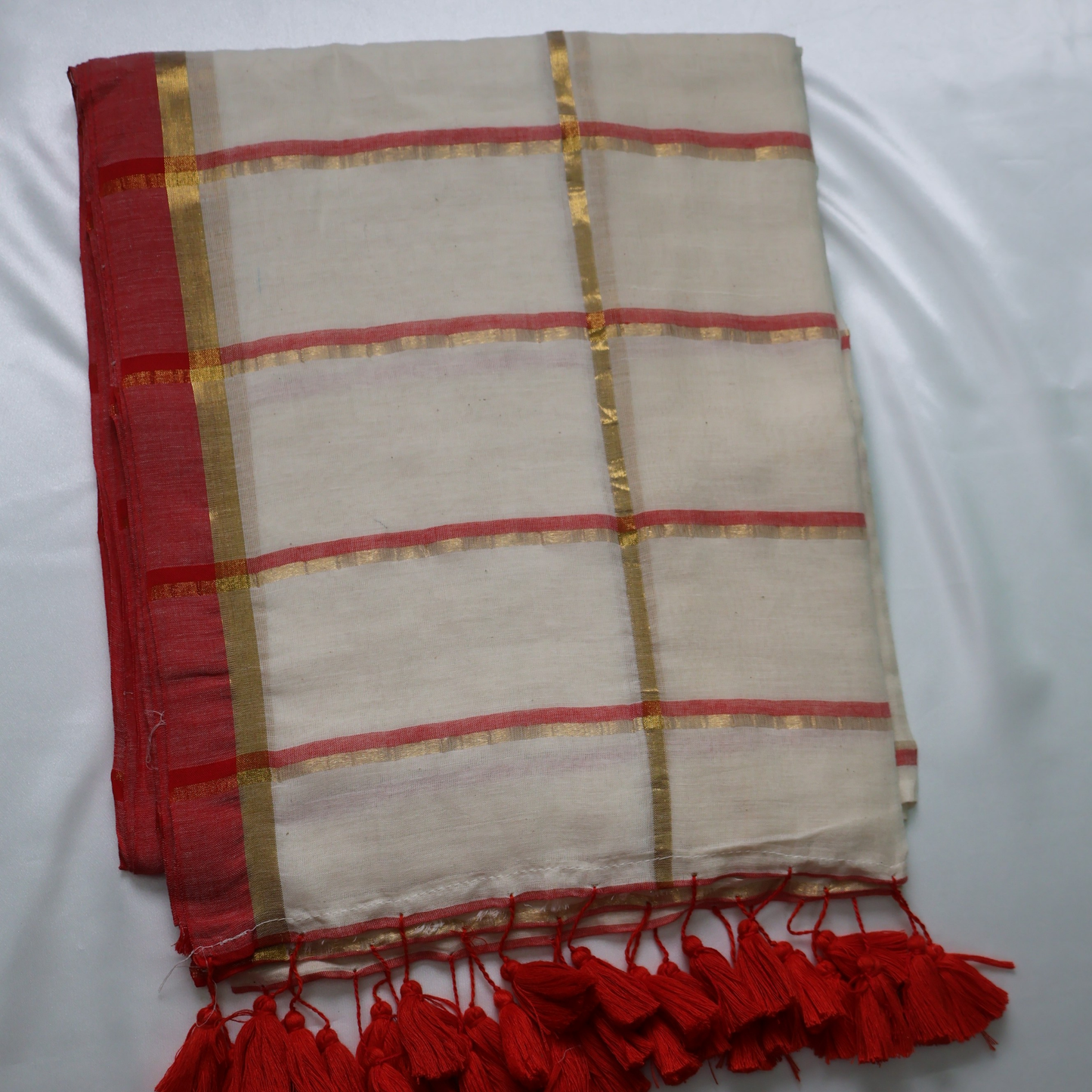 Classic White Mul Cotton Saree with Gold Checked Weave
