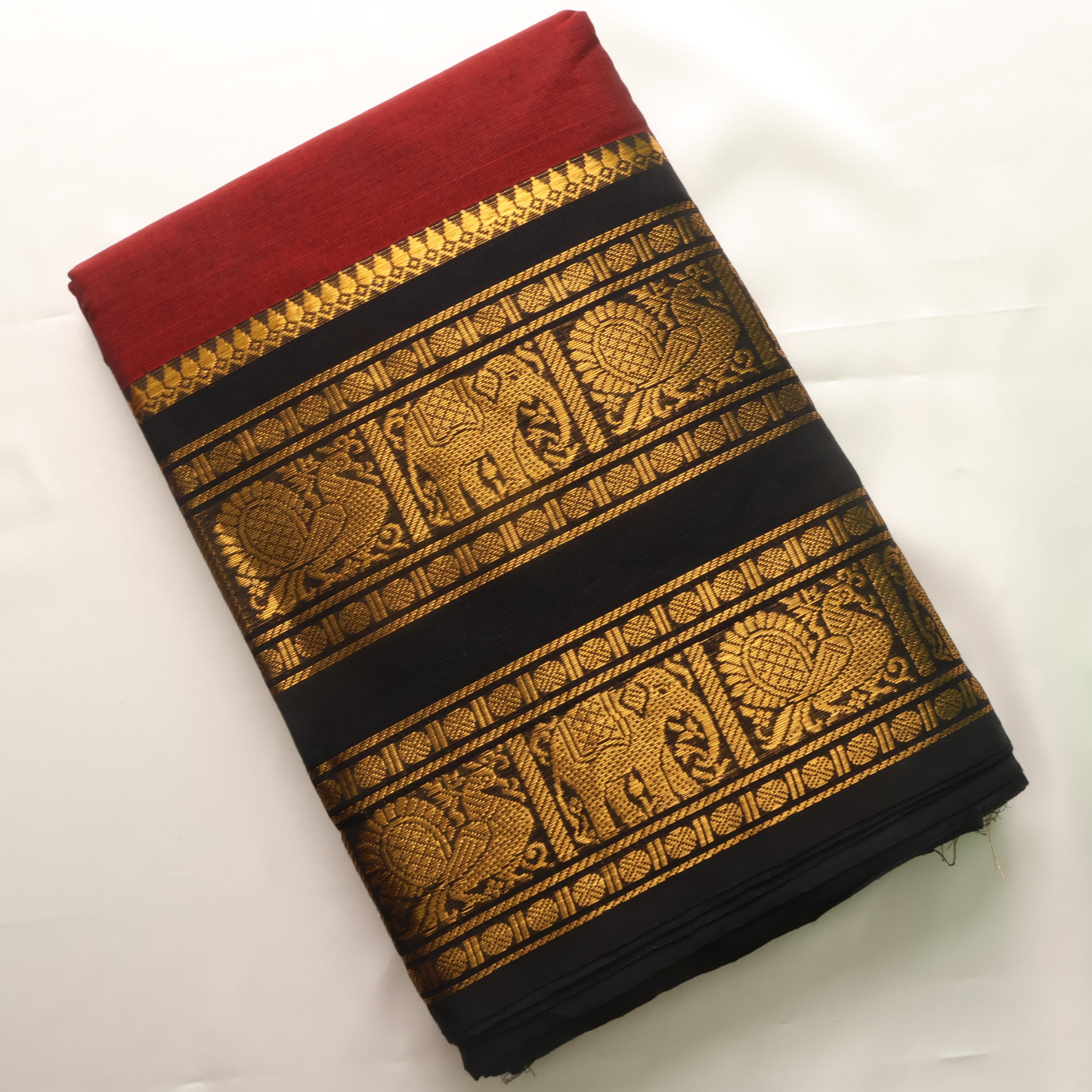 Maroon & Black Kanchi Cotton Saree with Traditional Gold Zari Border