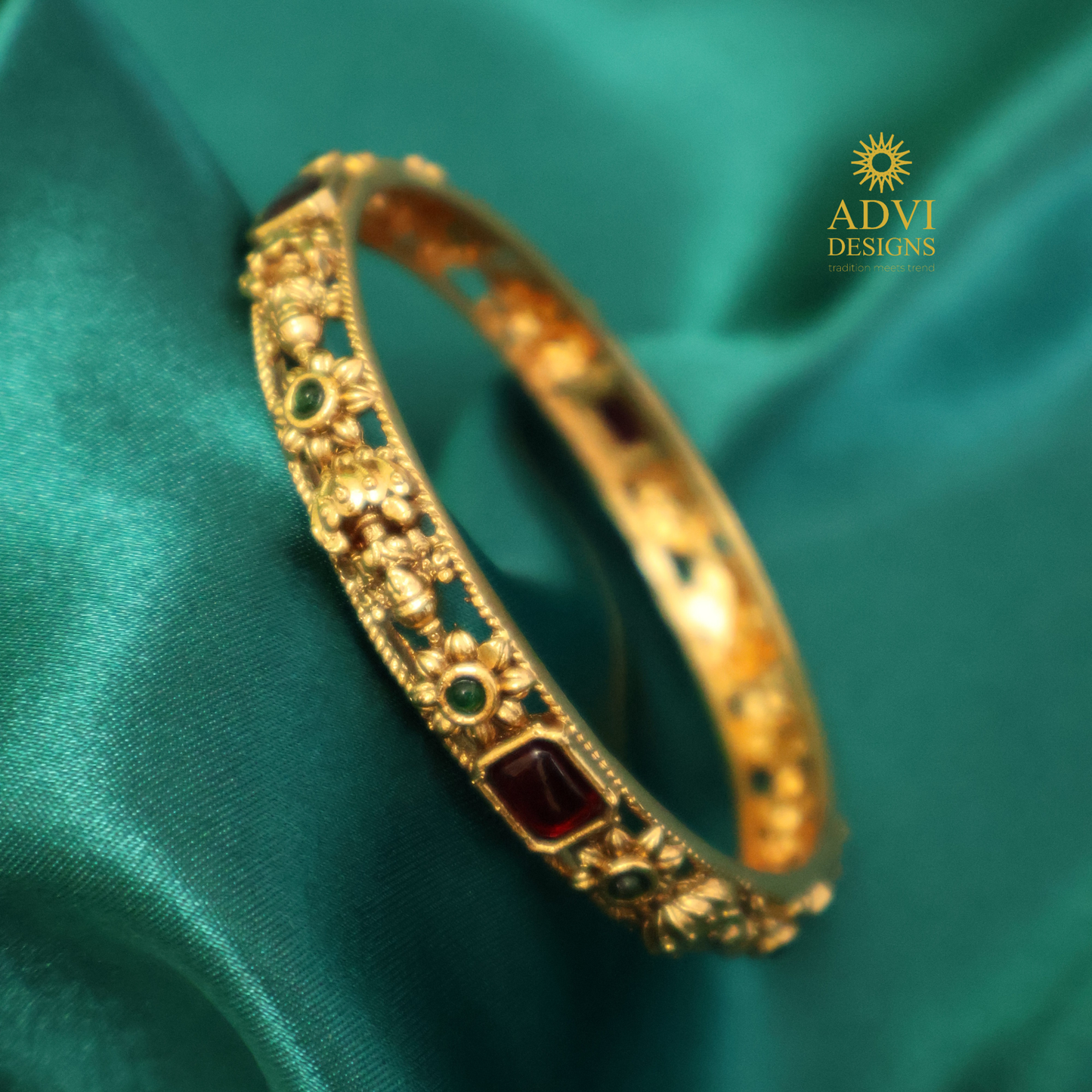 Antique Gold Floral Bangle with Ruby & Emerald Stone Accents
