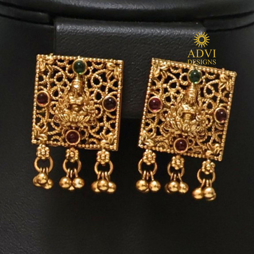 Antique Gold Lakshmi Pendant Long Haram Set with Temple Design Earrings