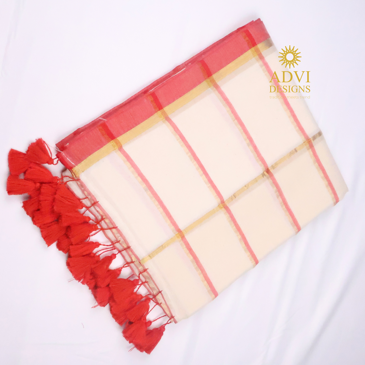 Classic White Mul Cotton Saree with Gold Checked Weave