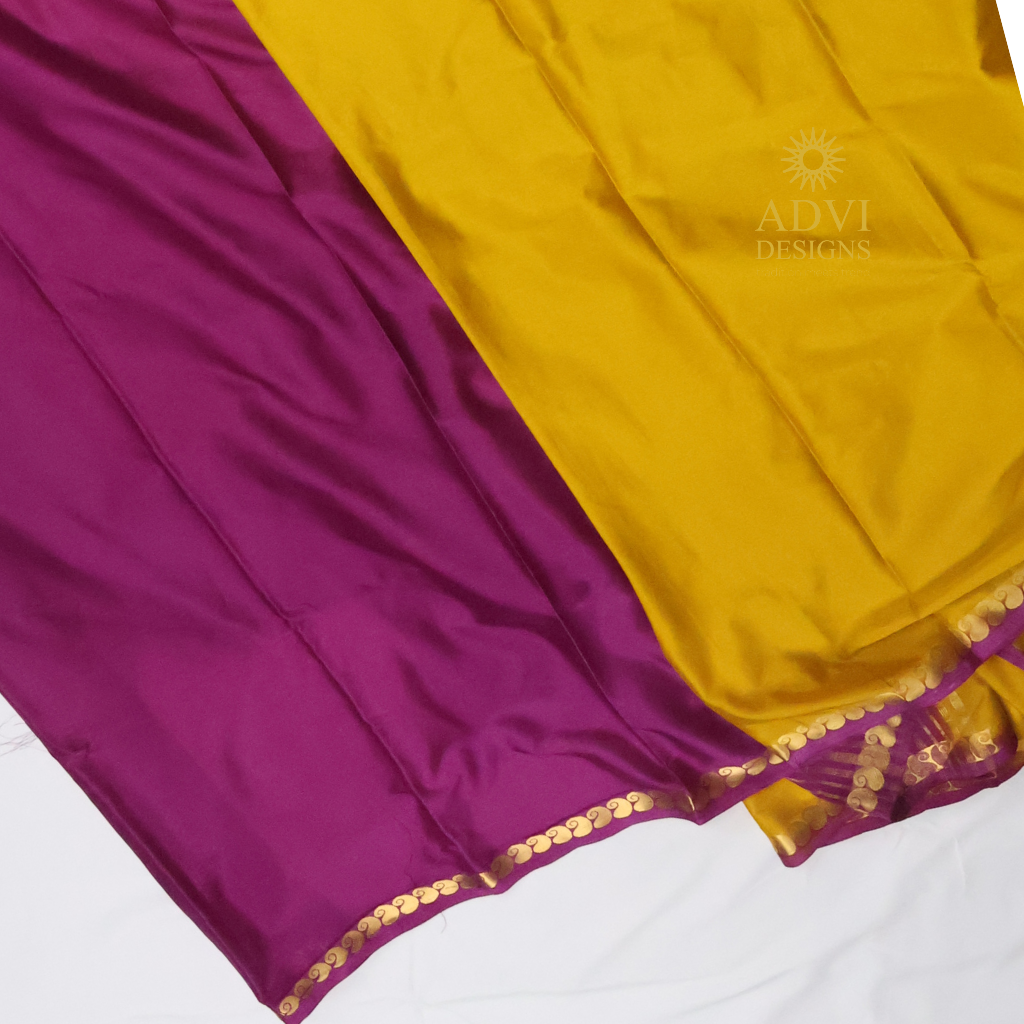 Mustard Yellow & Magenta Semi Mysore Crepe Silk Saree with Striped Pallu