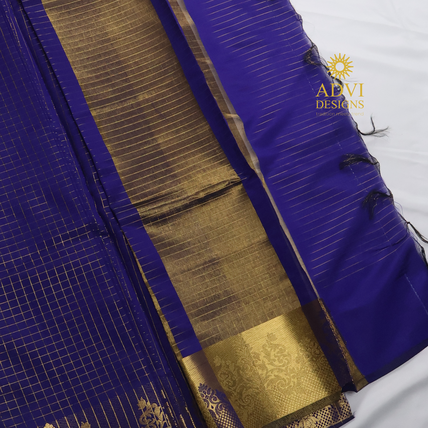 Semi Kanchivaram Silk Saree in Deep Violet Blue with Gold Checked Weave, Plain Zari Pallu & Zari Stripes Blouse