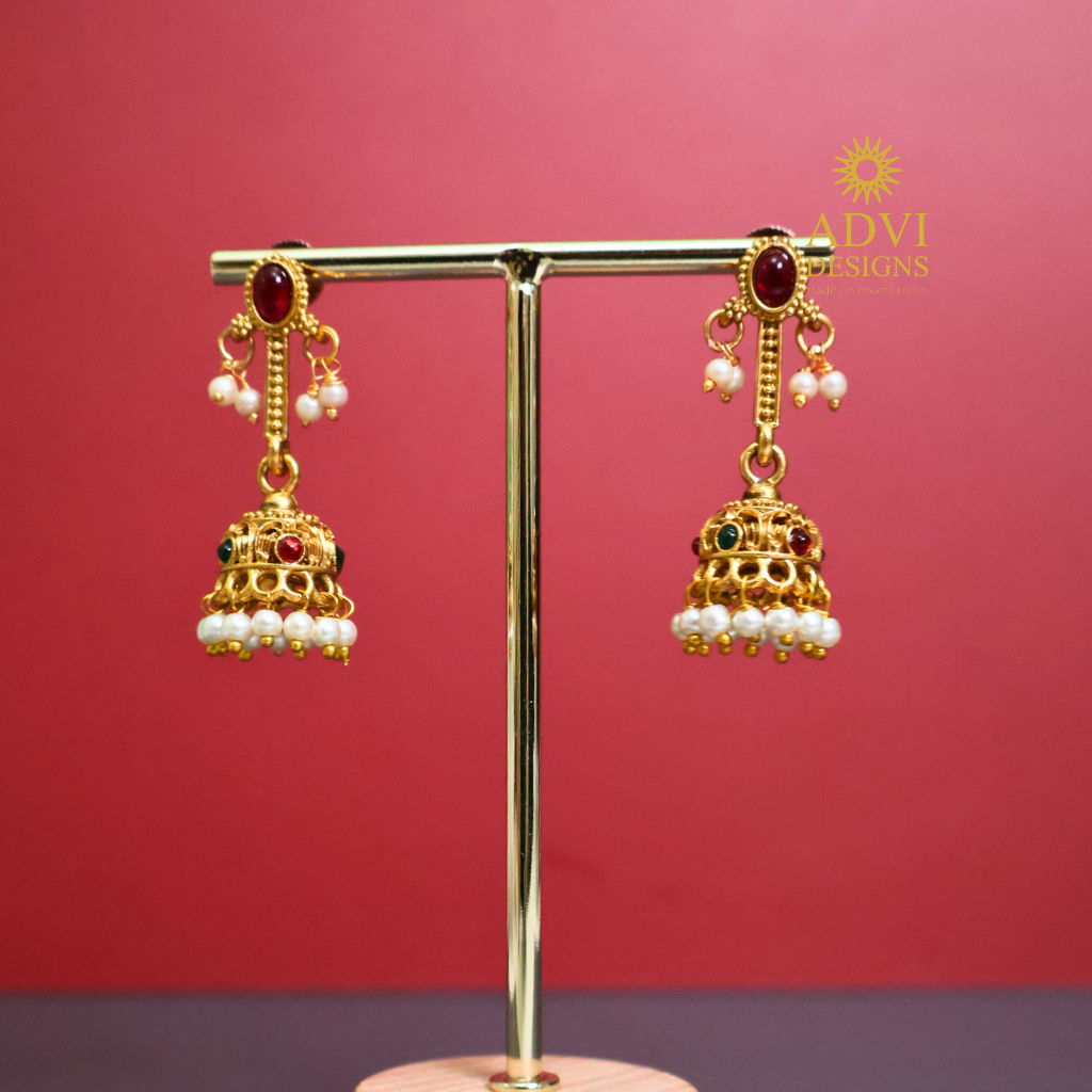 Antique Gold Pearl Mini Jhumka Earrings with Ruby & Emerald Accents
