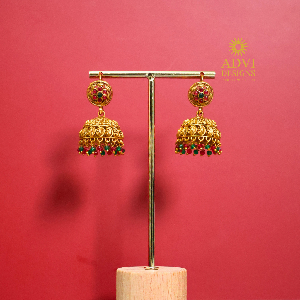 Antique Gold Ruby & Emerald Bead Jhumka Earrings