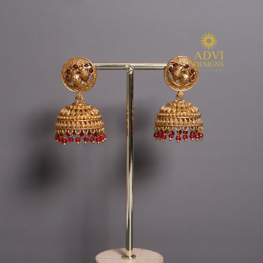 Antique Gold Jhumka Earrings with Ruby Red Bead Drops