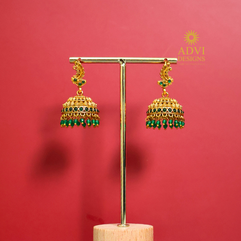 Antique Gold Emerald Bead Jhumka Earrings