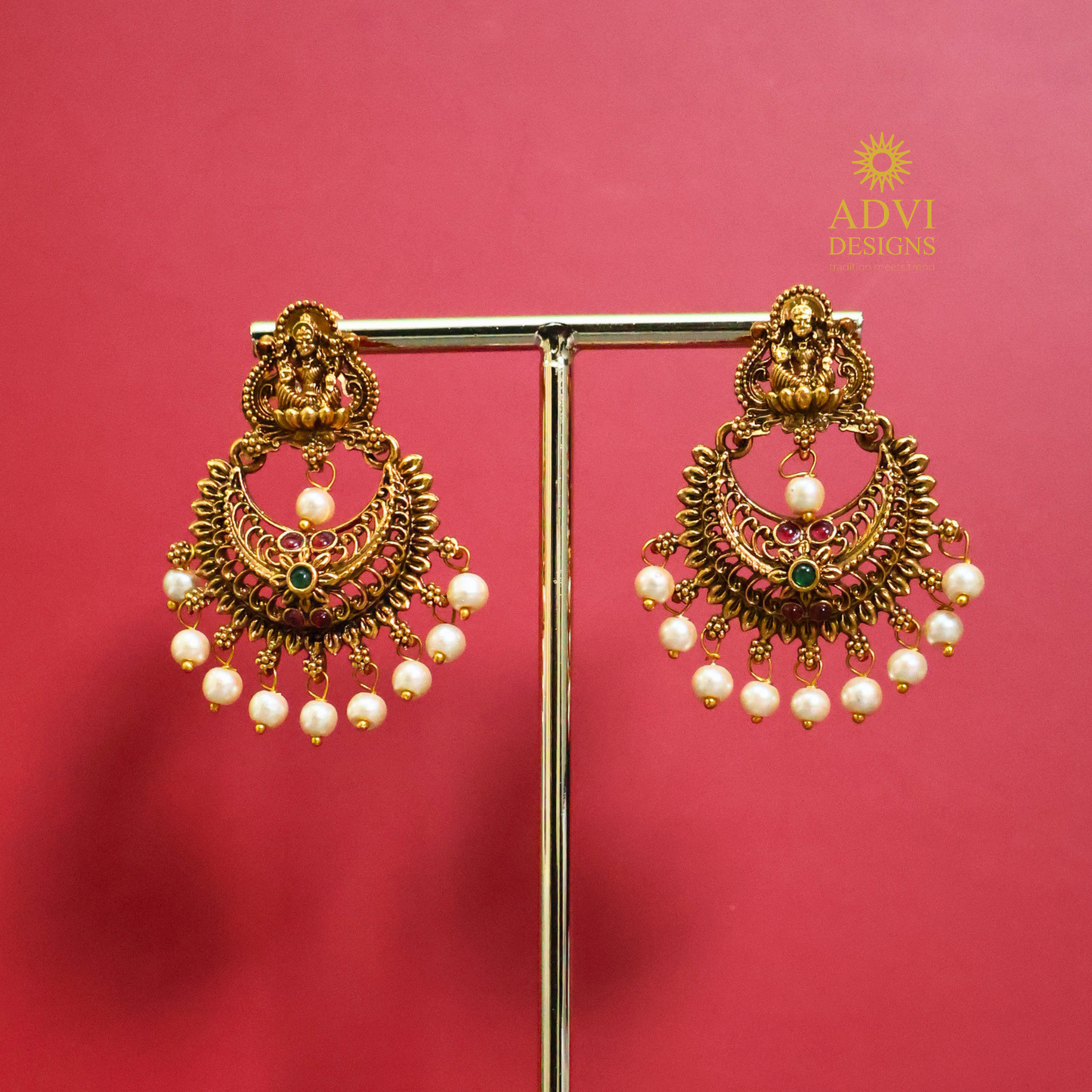 Antique Gold Lakshmi Chandbali Earrings with Pearl Drops