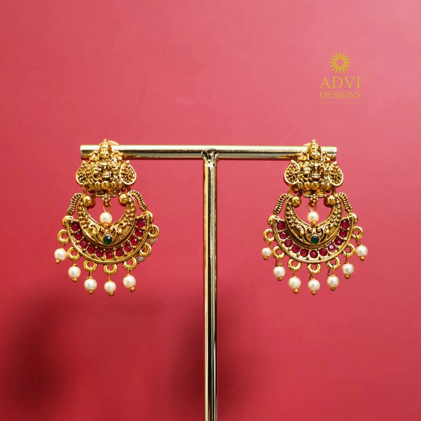 Antique Gold Lakshmi Chandbali Earrings with Ruby Stones & Pearl Drops