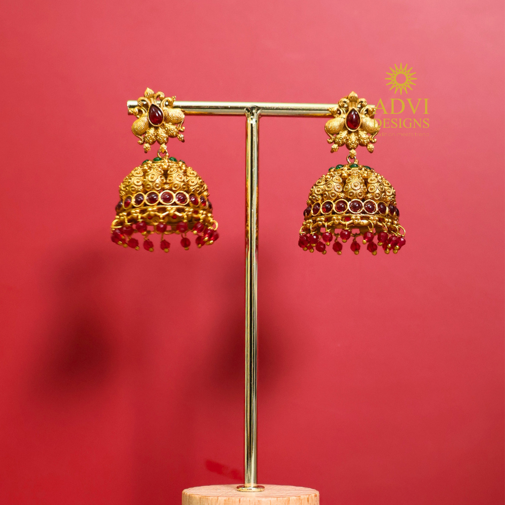 Antique Gold Ruby Bead Jhumka Earrings