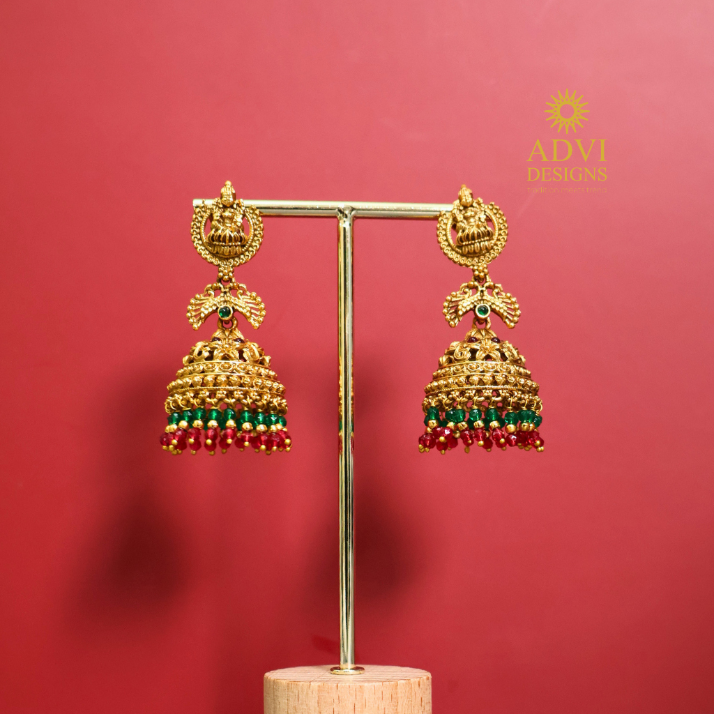 Antique Gold Lakshmi Jhumka Earrings with Ruby & Emerald Bead Drops