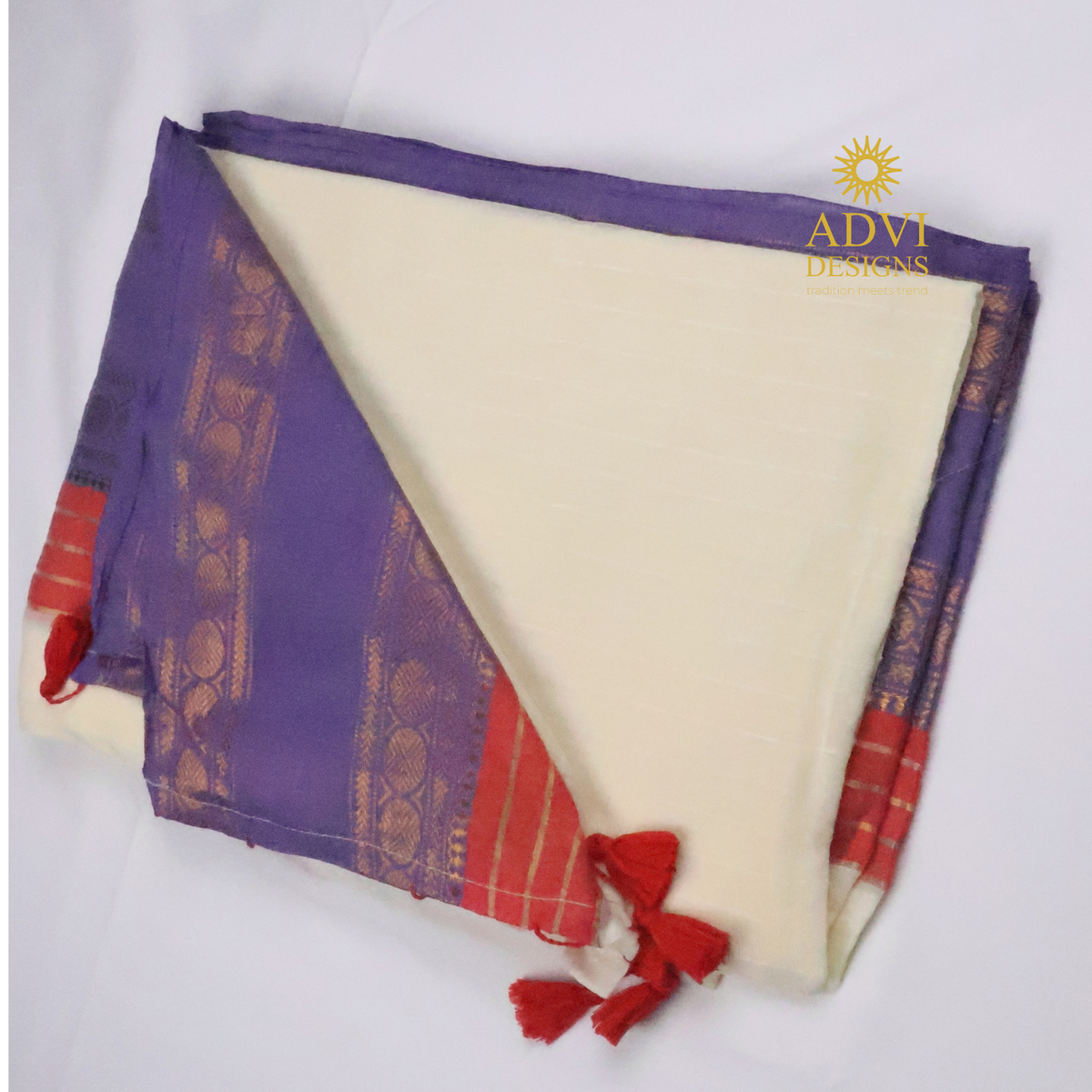 Purple & Cream Mul Cotton Saree with Zari Border