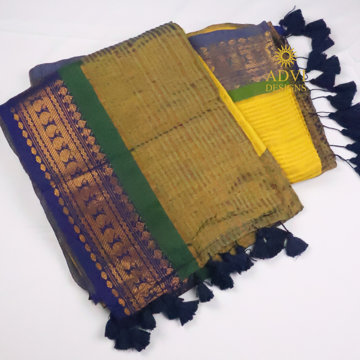 Royal Blue & Mustard Mul Cotton Saree with Woven Border