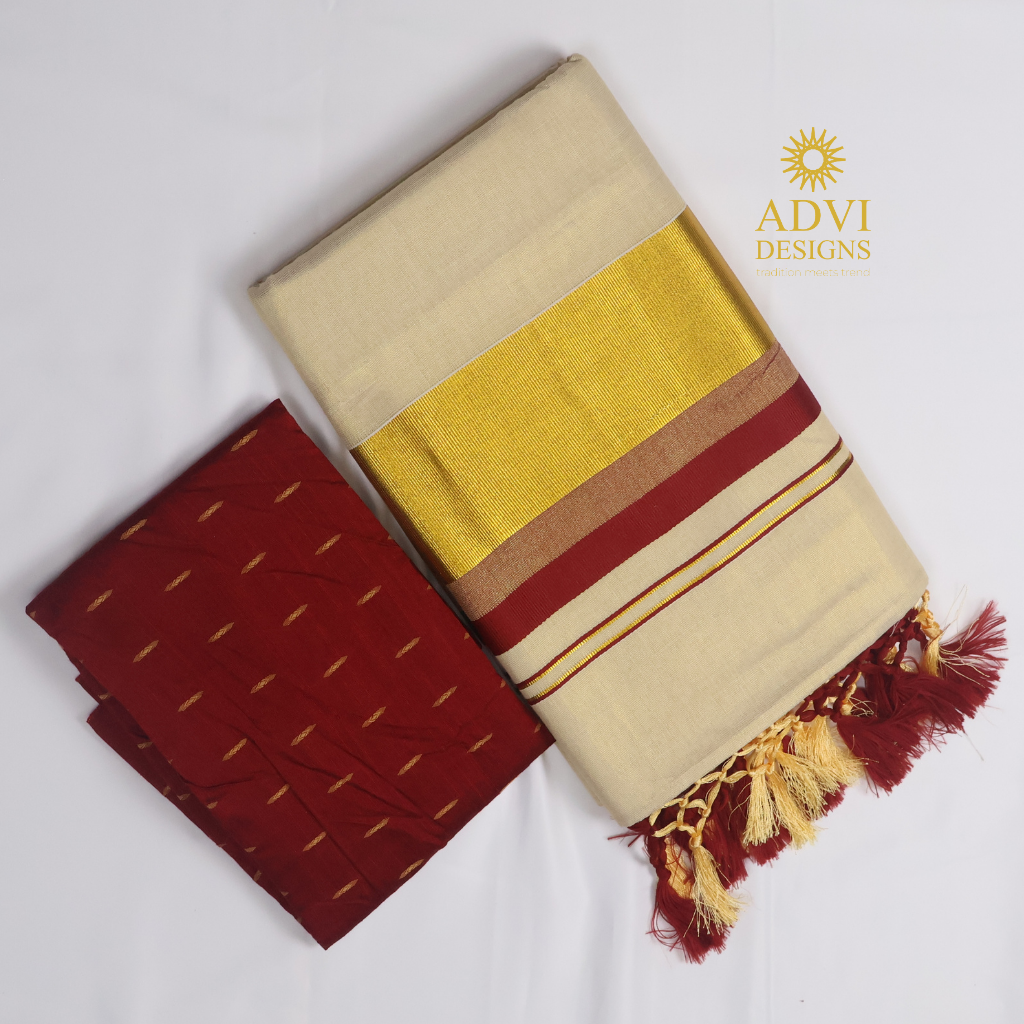 Premium Kerala Kasavu Tissue Set Saree with Maroon Border & Matching Blouse