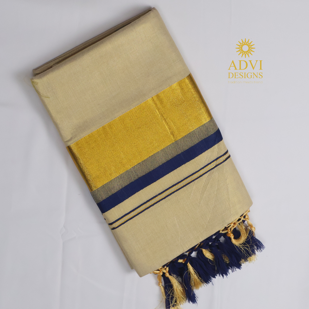 Premium Kerala Kasavu Tissue Set Saree with Royal Blue Border & Matching Blouse