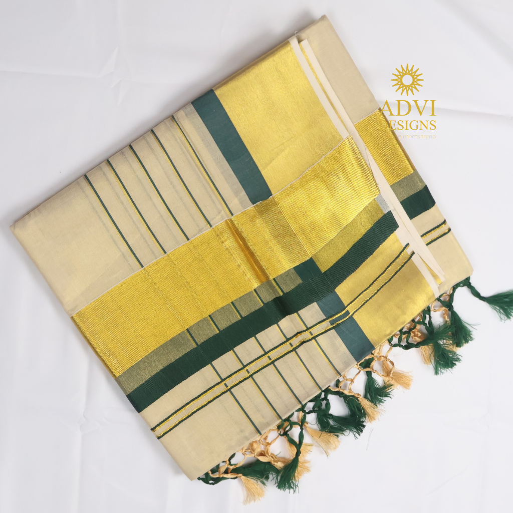 Premium Kerala Kasavu Tissue Set Saree with Bottle Green Border & Matching Blouse