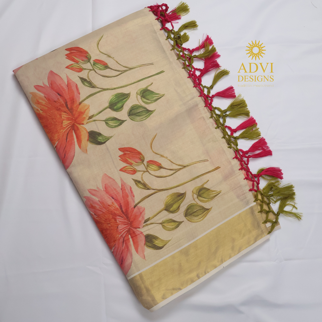Premium Tissue Digital Printed Floral Set Saree with Gold Zari Border & Running Blouse
