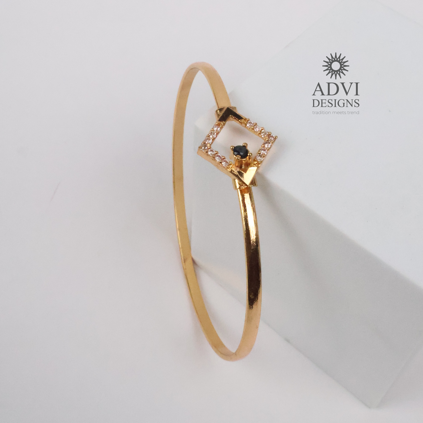 Gold-Tone Geometric Square Bangle with Black & Clear Stone Detailing