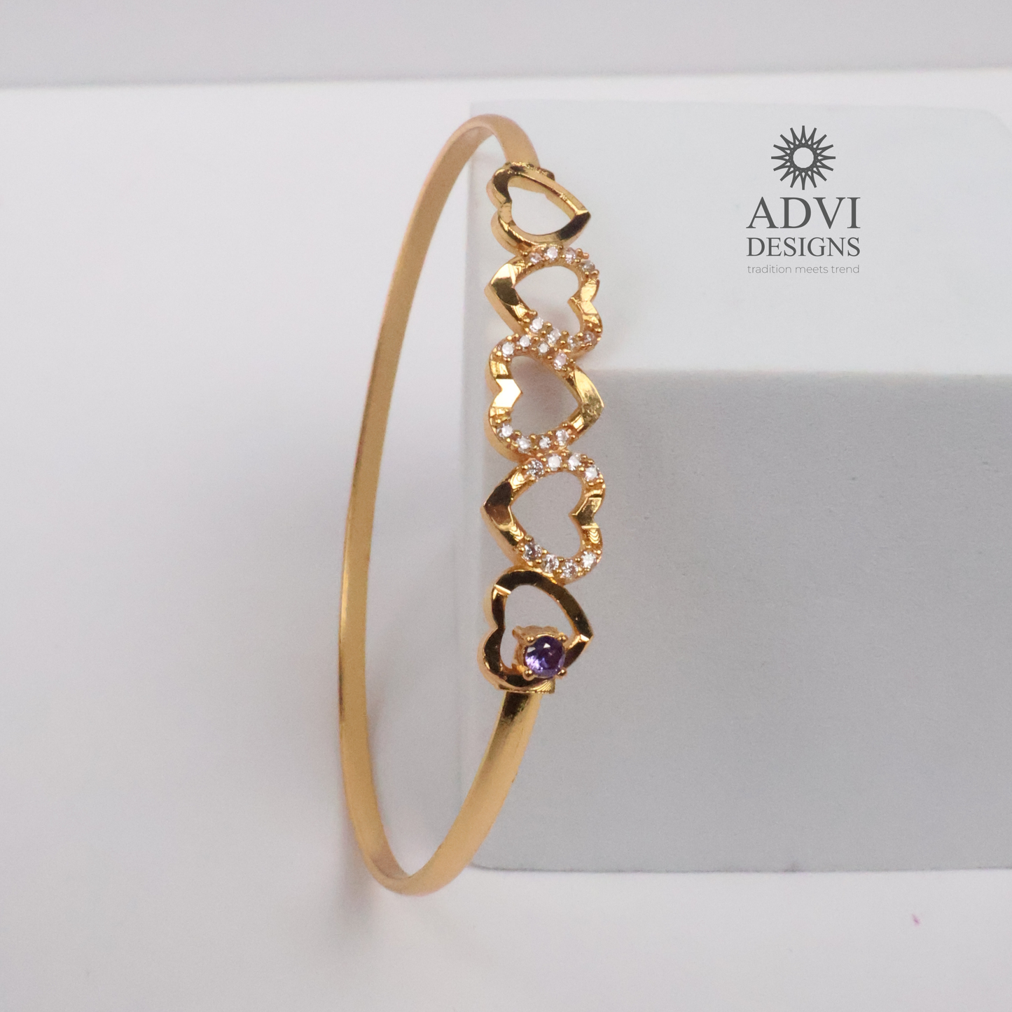 Gold-Tone Heart Link Bangle with Purple Stone & Crystal Accents