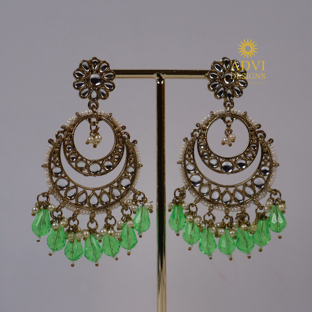 Antique Gold Kundan Chandbali Earrings with Green Crystal Drops
