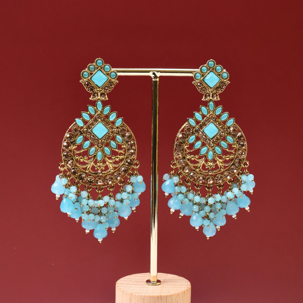 Antique Gold Turquoise Statement Chandbali Earrings with Blue Crystal Tassels