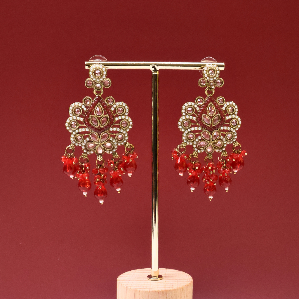 Antique Gold Mirror Kundan Floral Earrings with Red Crystal Drops