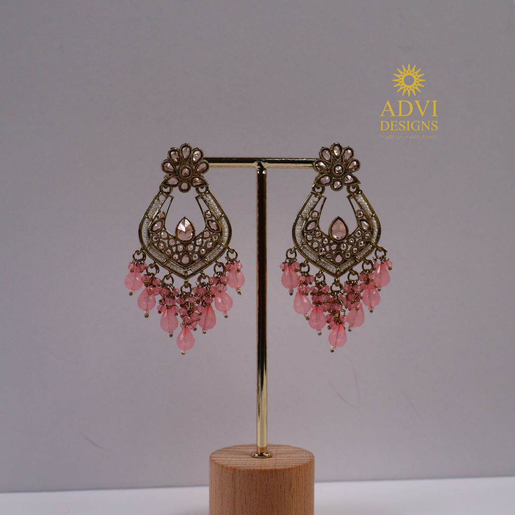 Antique Gold Mirror Kundan Earrings with Blush Pink Crystal Tassels