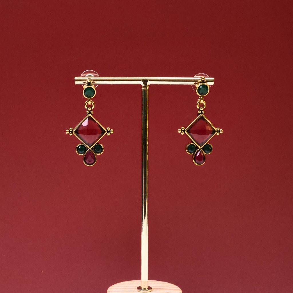 Antique Gold Geometric Earrings with Ruby Pink & Emerald Green Stones
