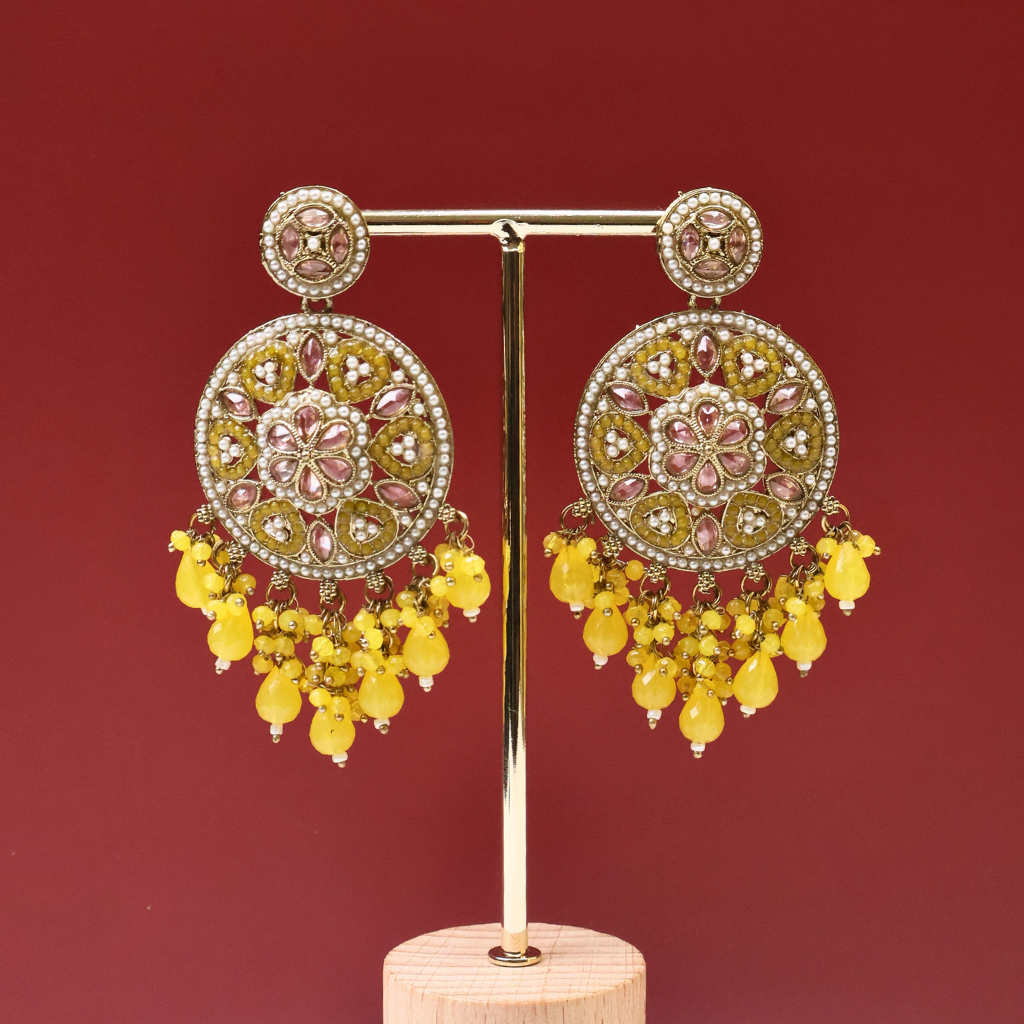 Antique Gold Floral Mirror Kundan Earrings with Yellow Crystal Tassels