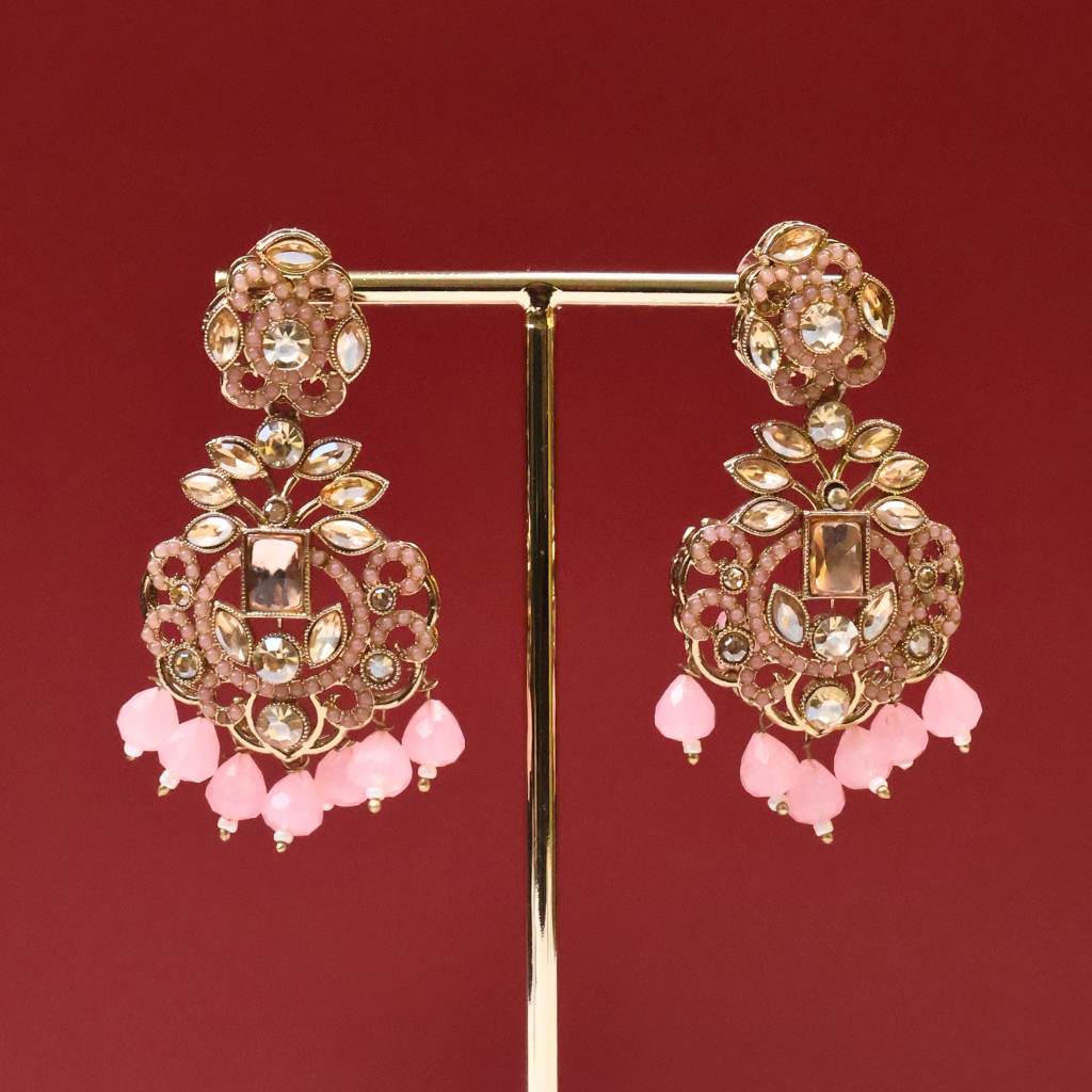 Antique Gold Floral Crystal Earrings with Blush Pink Bead Drops