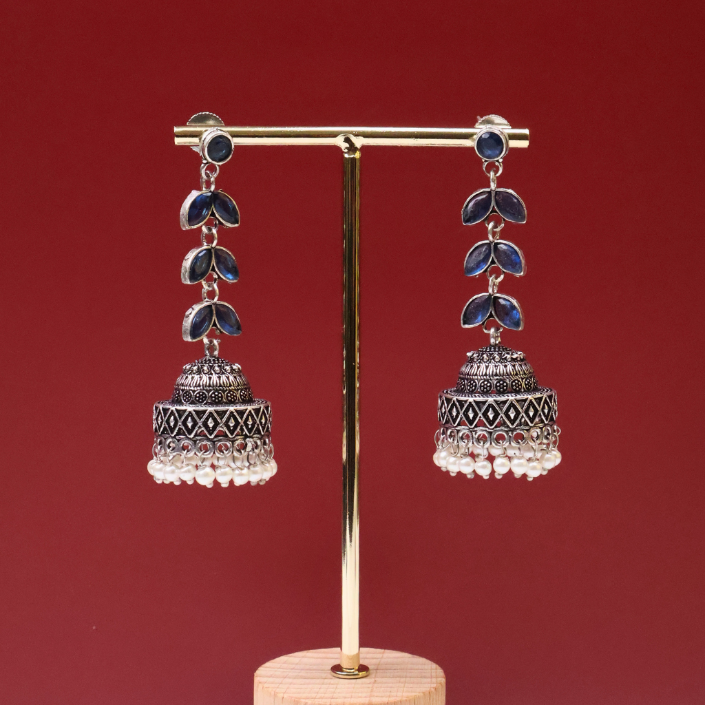 Antique Silver Blue Stone Jhumka Earrings with Pearl Drops