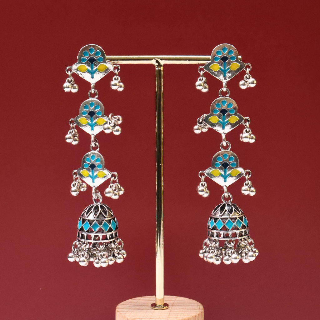 Antique Silver Meenakari Jhumka Earrings with Blue & Yellow Enamel