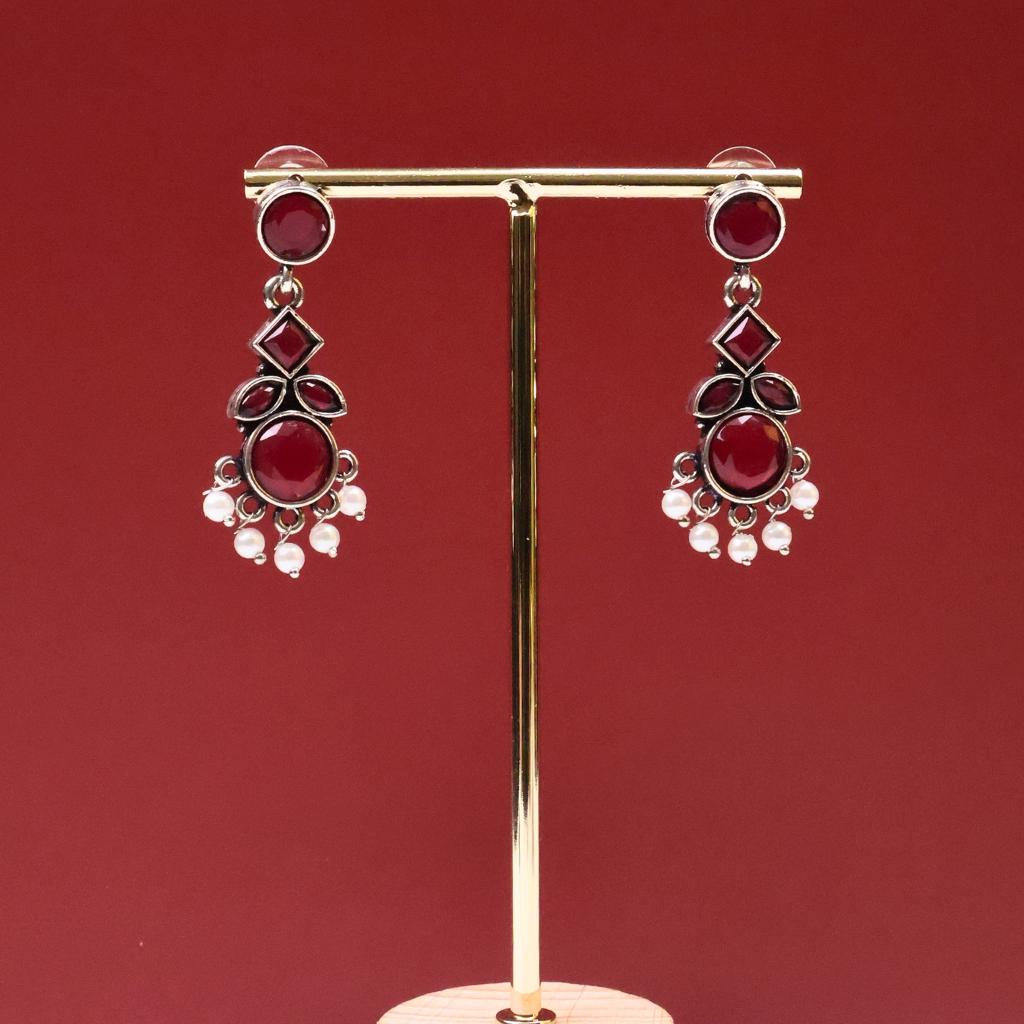 Antique Silver Ruby Stone Drop Earrings with Pearl Tassels