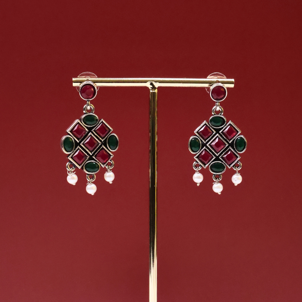 Antique Silver Ruby & Emerald Stone Earrings with Pearl Drops