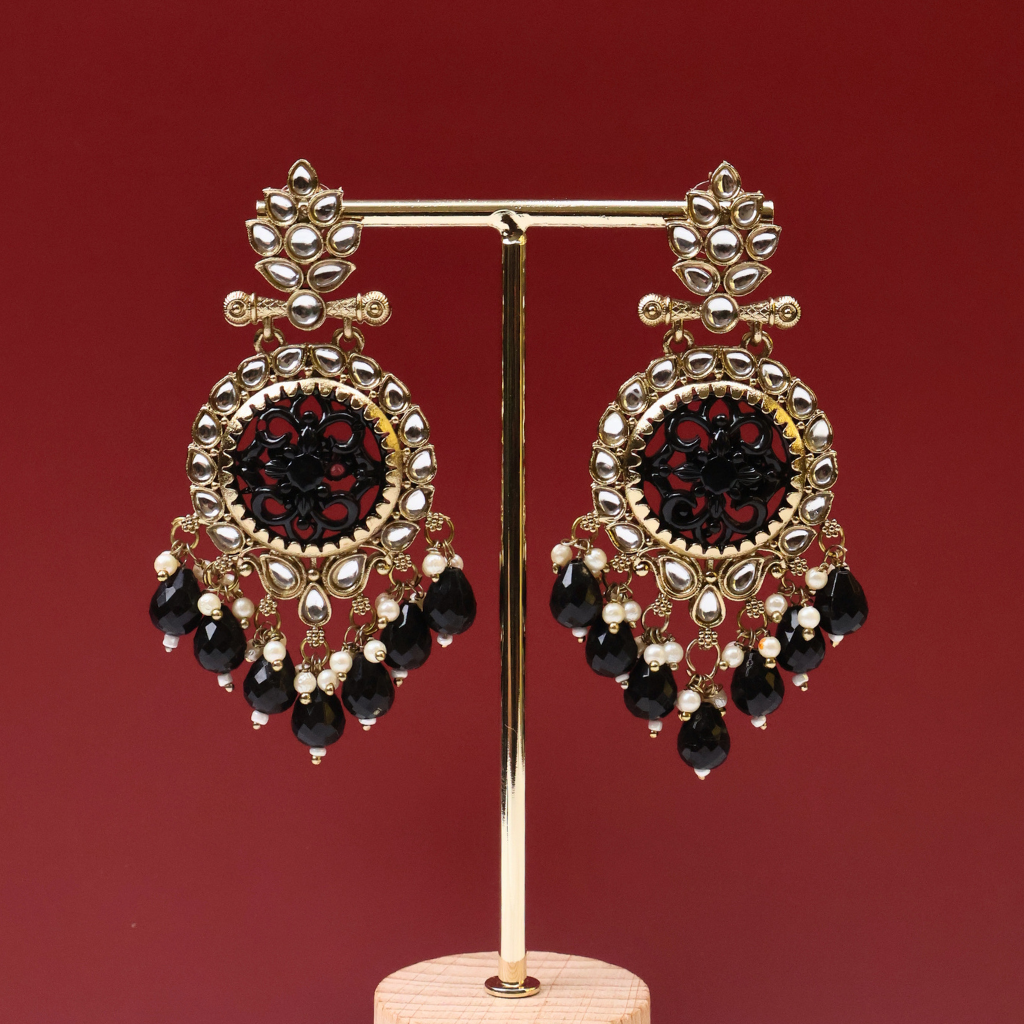 Antique Gold Kundan Chandbali Earrings with Black Crystal Drops