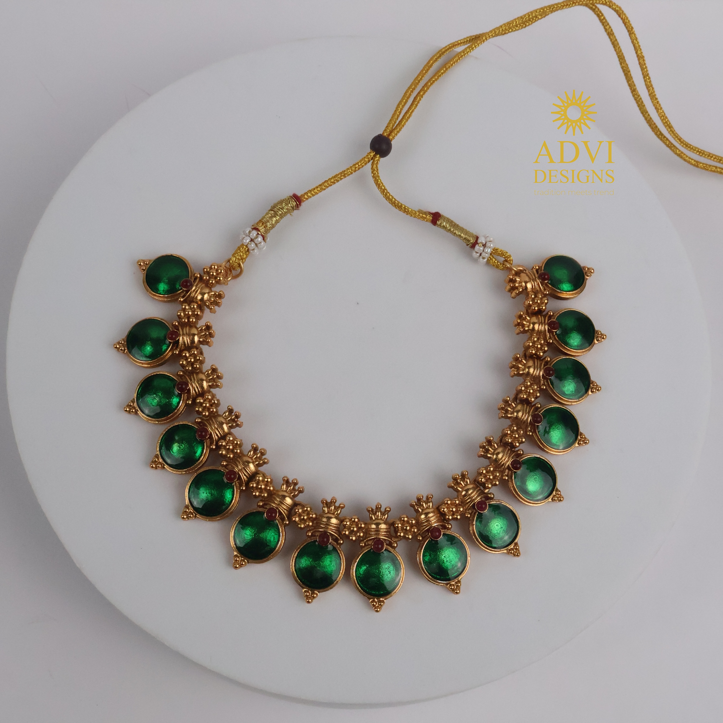 Traditional Temple Green Bead Adjustable Necklace Set with Lakshmi Stud Earrings