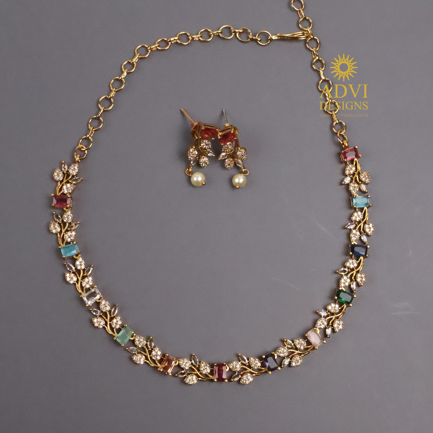 Premium AD Stone Multicolor Floral Necklace Set with Pearl Drop Earrings