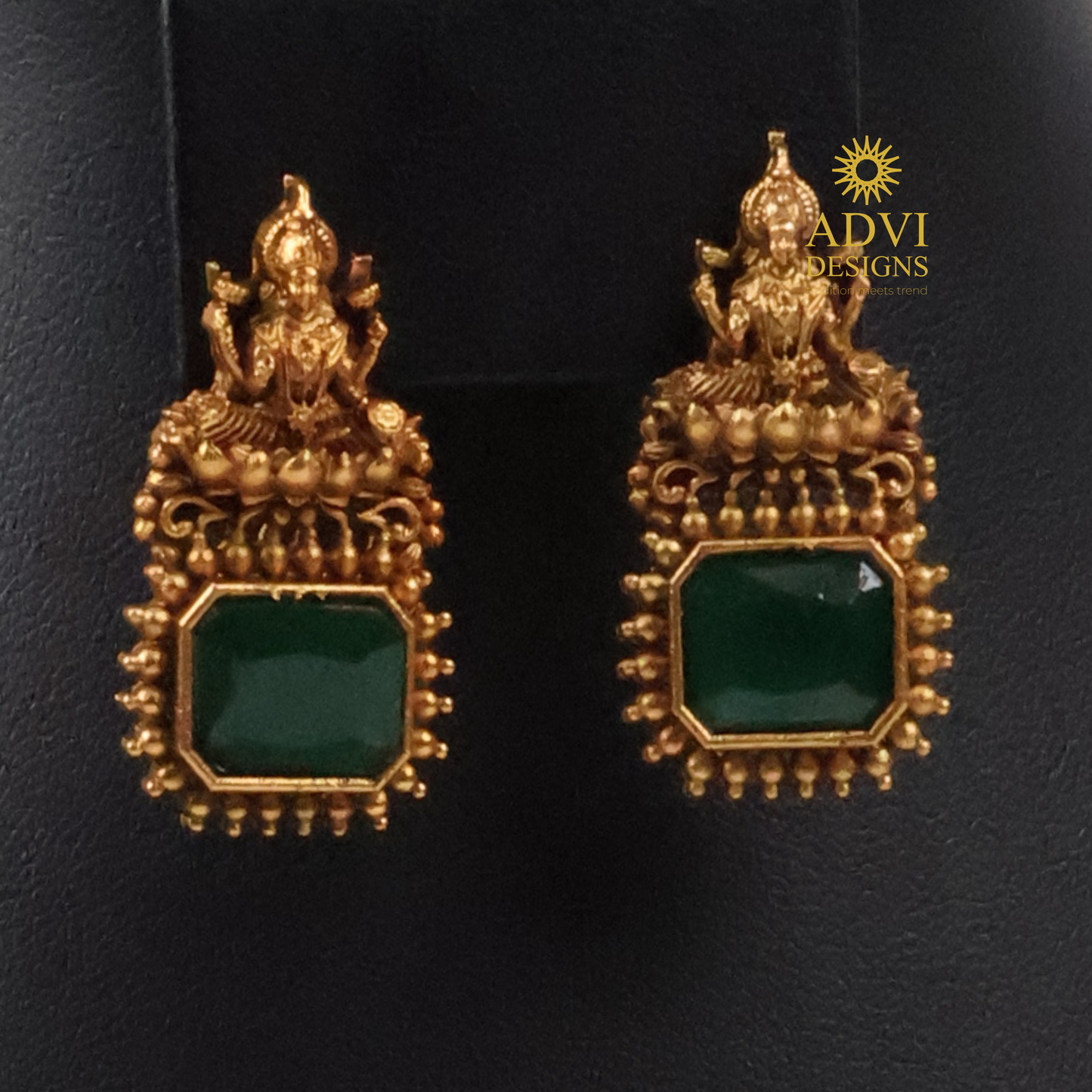 Temple Lakshmi Green Stone Pendant Haram Set | Antique Gold Finish