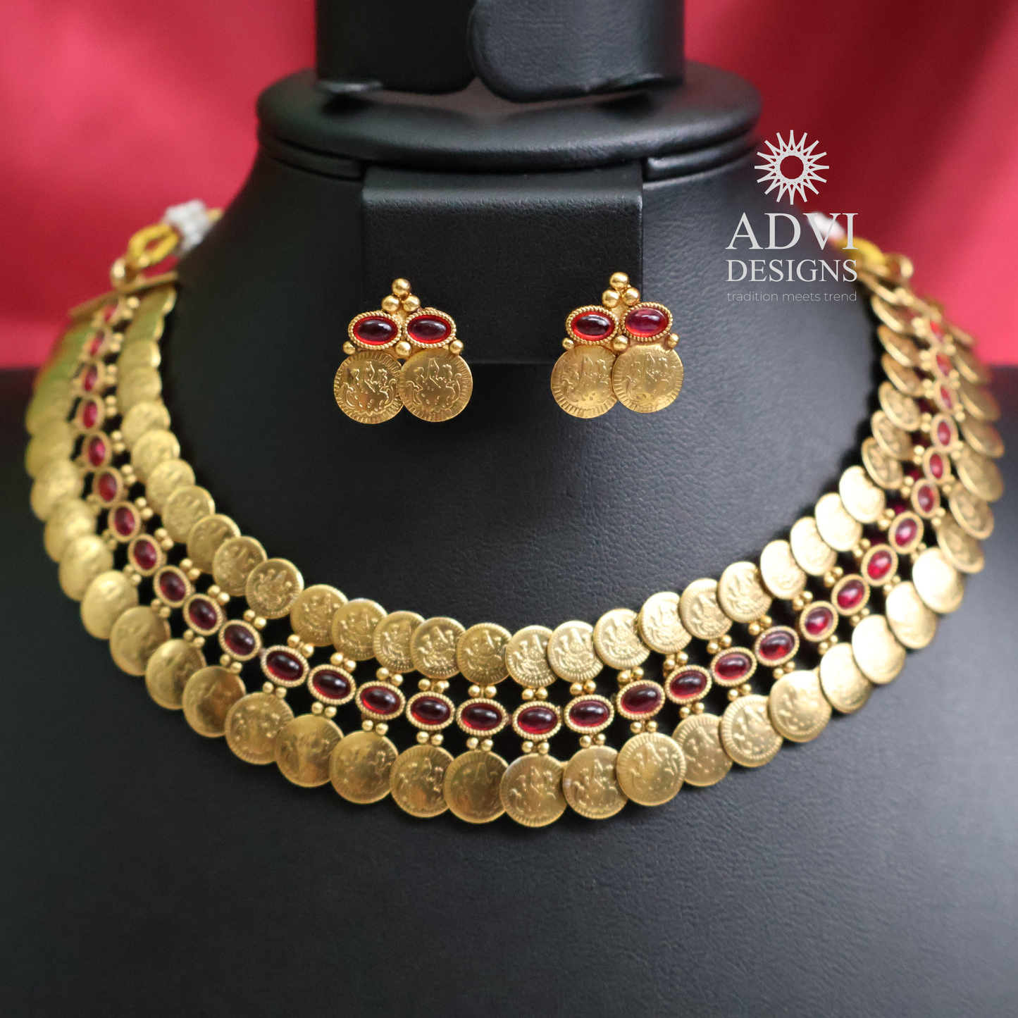 Layered Coin Necklace Set with Ruby Stone Detailing