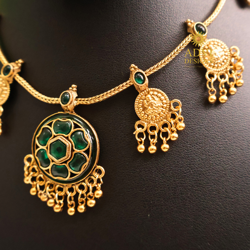 Antique Gold Lakshmi Coin Necklace Set with Emerald Green Floral Pendant