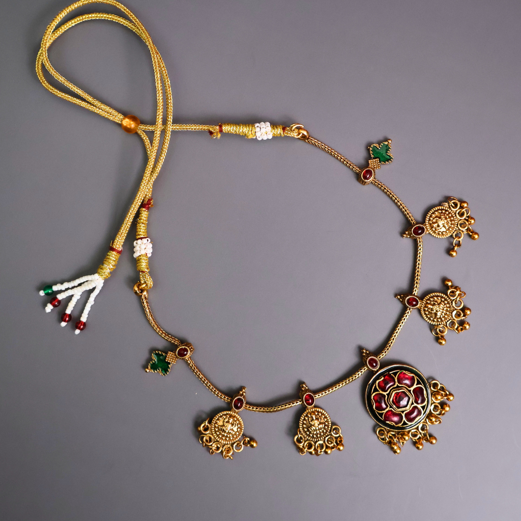 Antique Gold Temple Necklace Set with Ruby Floral Pendant & Lakshmi Coin Charms