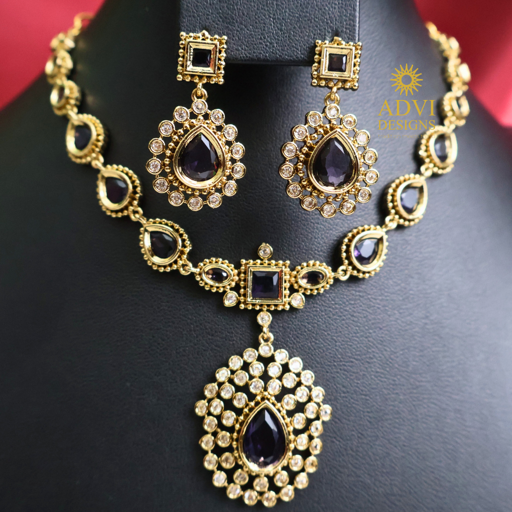 Midnight Blue Teardrop Stone Necklace Set with CZ Halo Earrings