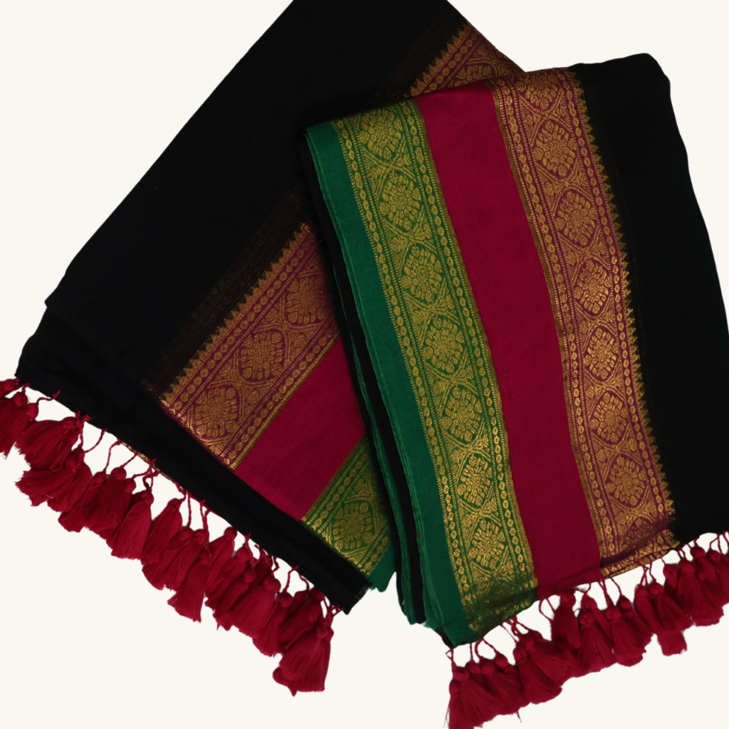 Elegant Black Mul Cotton Saree with Pink & Green Zari Border