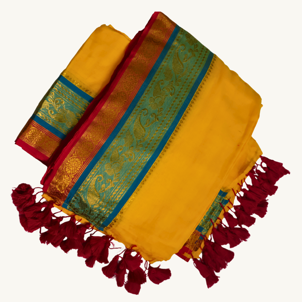 Sunshine Yellow Mul Cotton Saree with Teal Blue & Red Zari Border