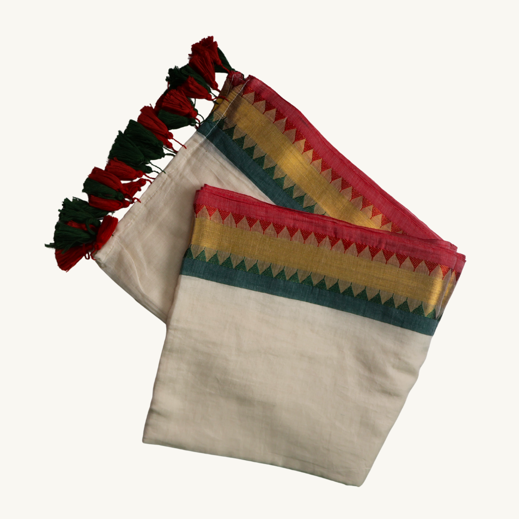 Elegant White Mul Cotton Saree with Red & Green Temple Border