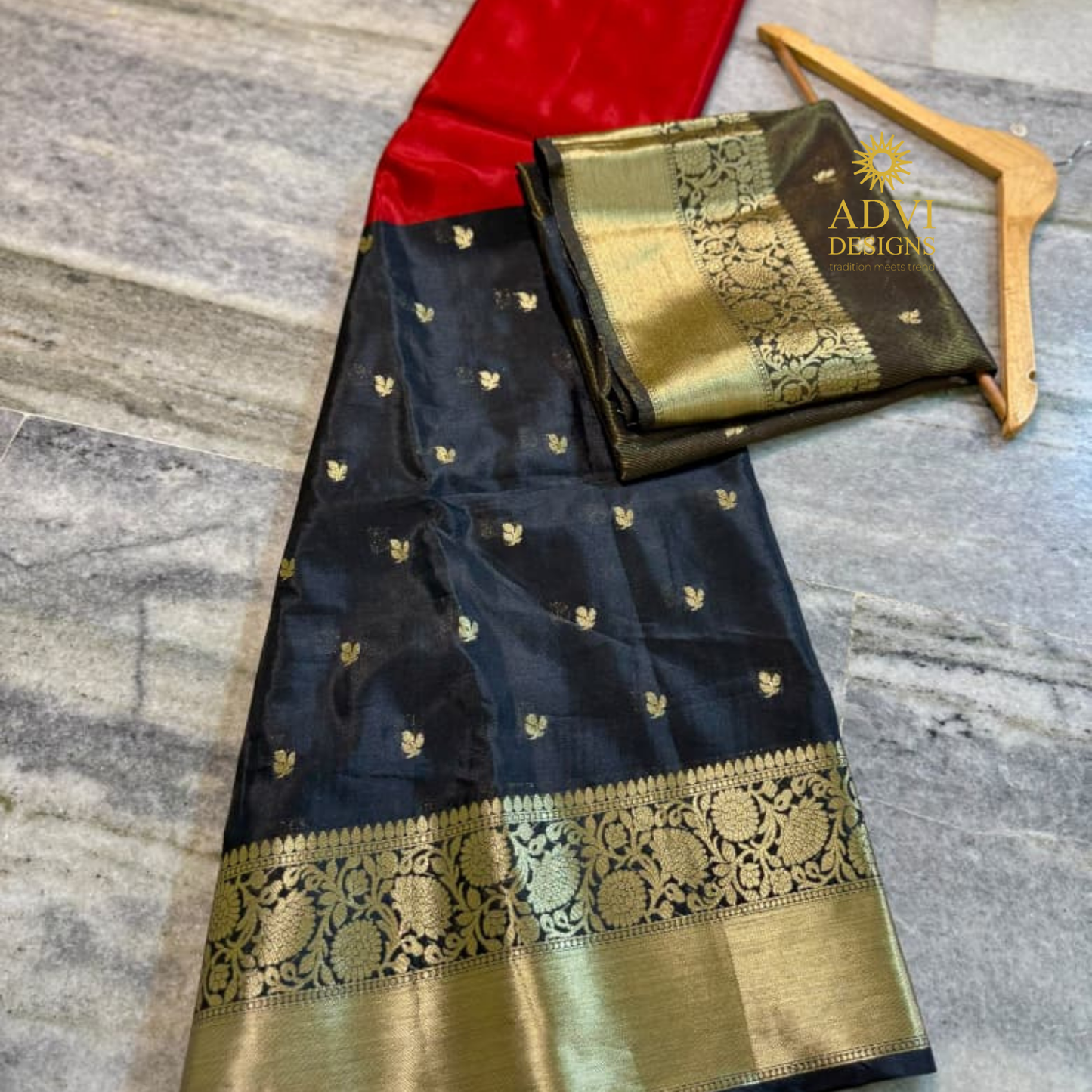 Black & Red Semi Banarasi Half & Half Saree with Designer Butis & Gold Zari Border