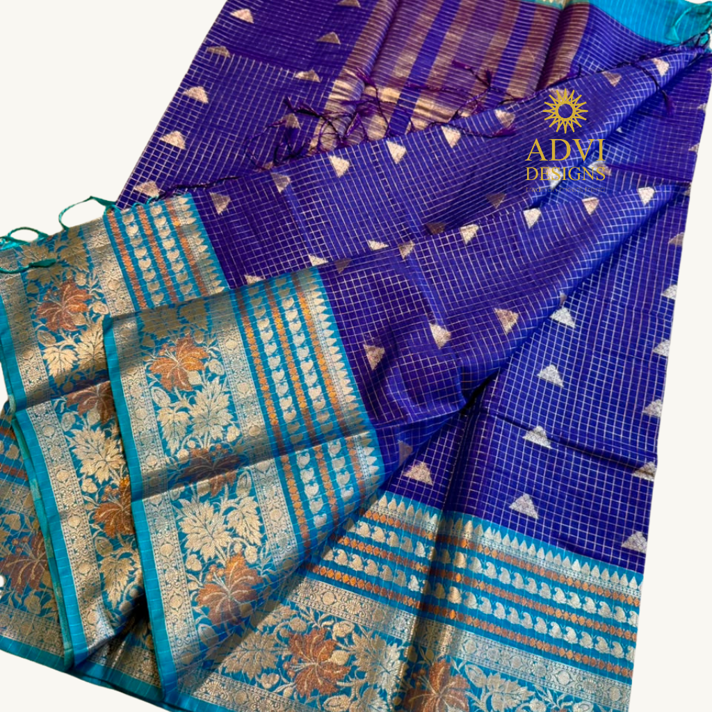 Royal Blue Semi Banarasi Katan Silk Saree with Turquoise Meenakari Border