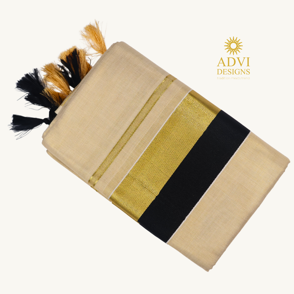 Premium Kerala Tissue Set Mundu with Black Kasavu Border & Dual-Tone Tassels